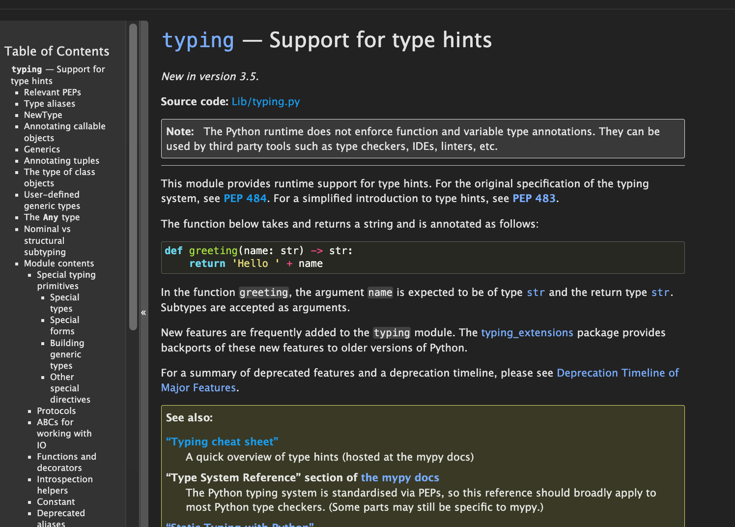 Screenshot of https://docs.python.org/3.11/library/typing.html